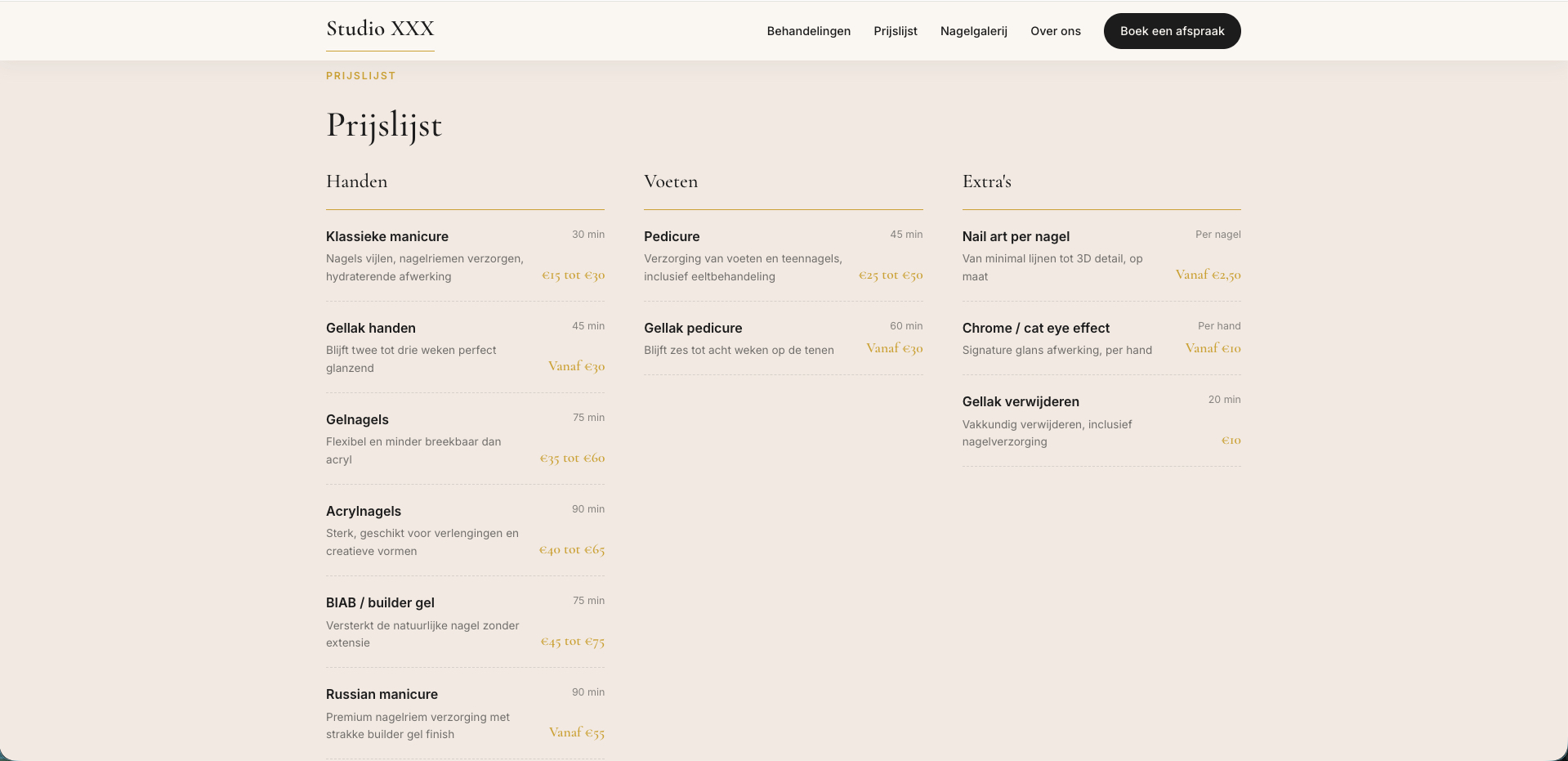 Nagelstudio website - prijslijst